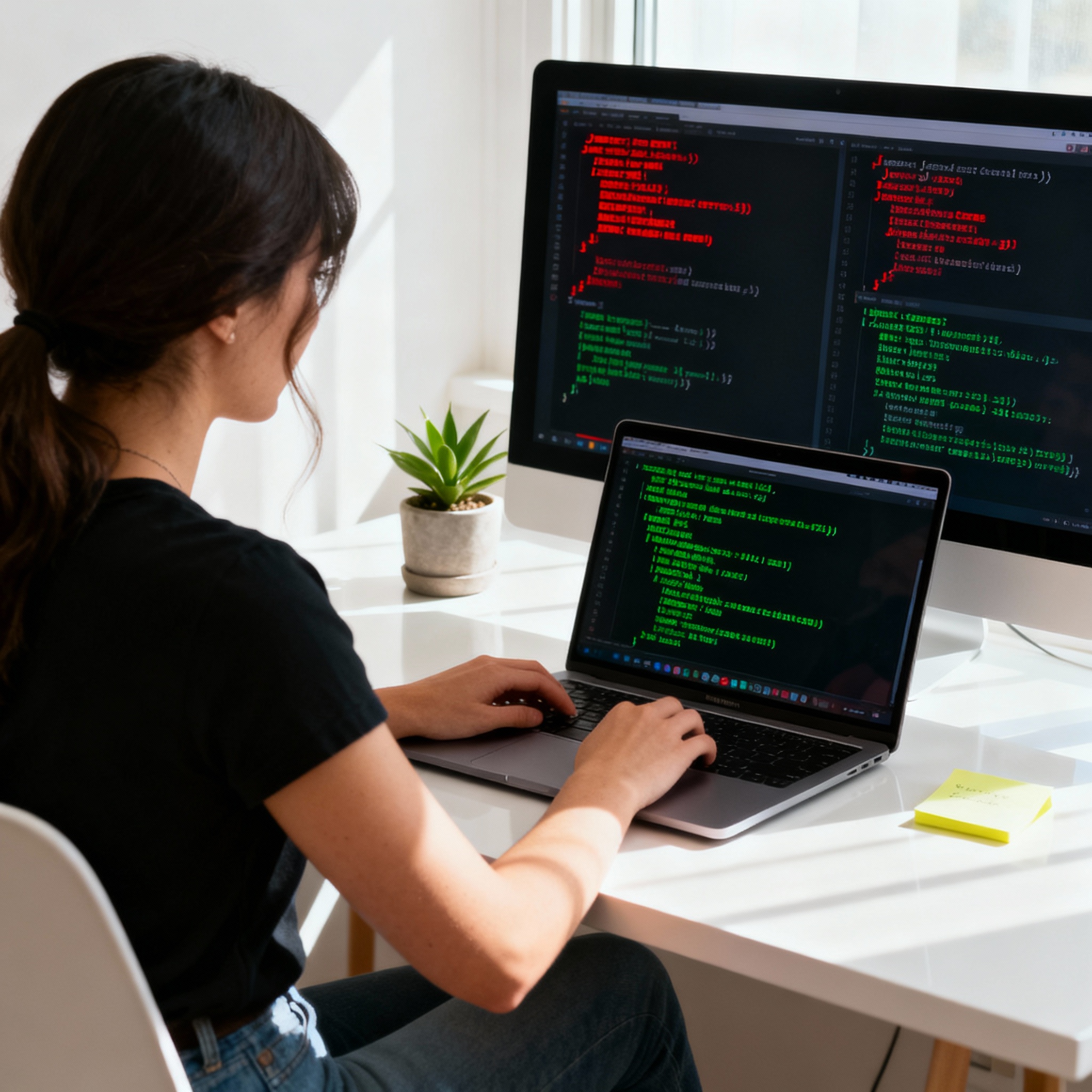 A JavaScript developer debugging coding errors on a laptop screen filled with console logs.